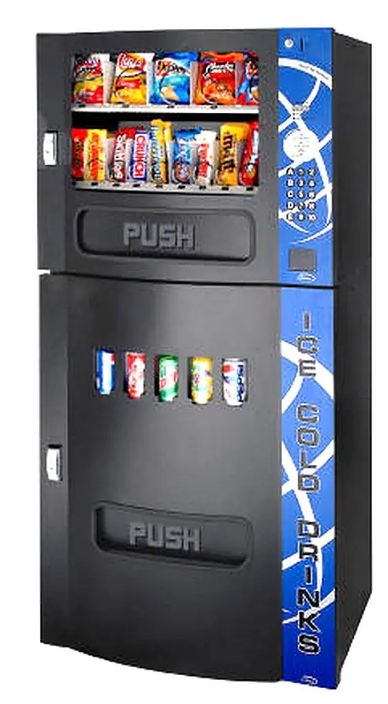 Compact combination vending machine with separate snack and canned drink sections