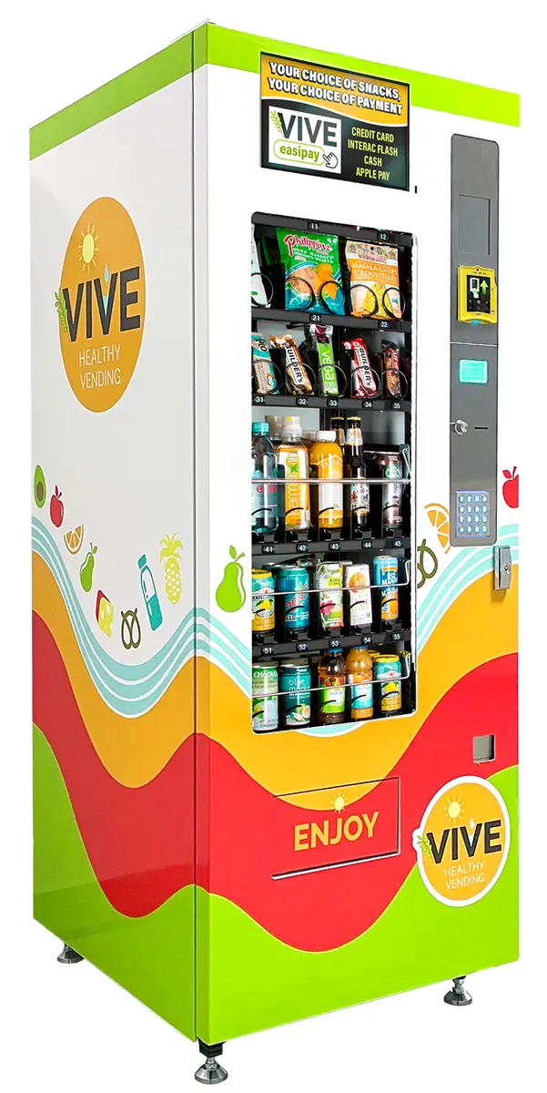 Tall high-capacity vending machine stocked with snacks and bottled drinks