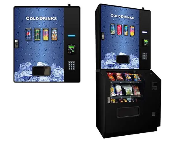 Modular vending setup showing cold drink equipment and a snack cabinet